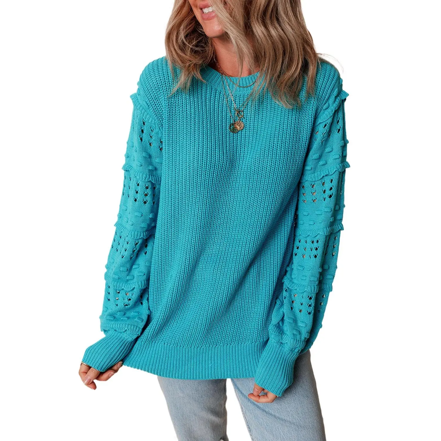 Women's Elegant Cute Knitwear Turquoise Long Sleeve Pullover Tops - Chic Textured Knit, Round Neck, Ruffled Eyelet Bubble Sleeves for Casual Fall Wear