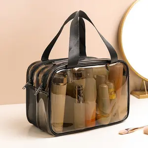 Clear Double-layer Travel Makeup Bag for Summer Makeup, 1 Count Large Capacity Portable Cosmetic Bag Toiletry Bag, Wet & Dry Uses Zipper Makeup Pouch,  Carry On Airport Airline Compliant Bag