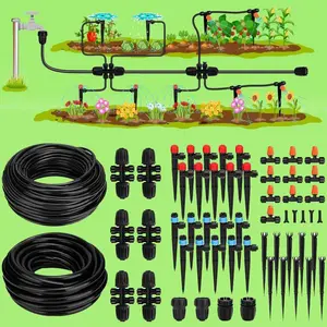 Drip Irrigation System, 40ft 1/2" Mainline & 100ft 1/4" Tubing, with Adjustable Drip Emitters Misting Sprinkler, Efficient Sprinkler System Kit for Flower Bed, Raised Bed, Greenhouse, Lawn