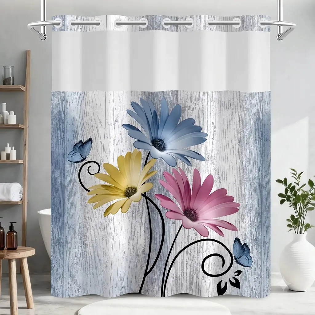 Hookless Double-Layered Daisy Printed Shower Curtain, Waterproof Modern Fabric Bath Curtain for Hotel, Dorm & Bathroom, 72x75 Inches