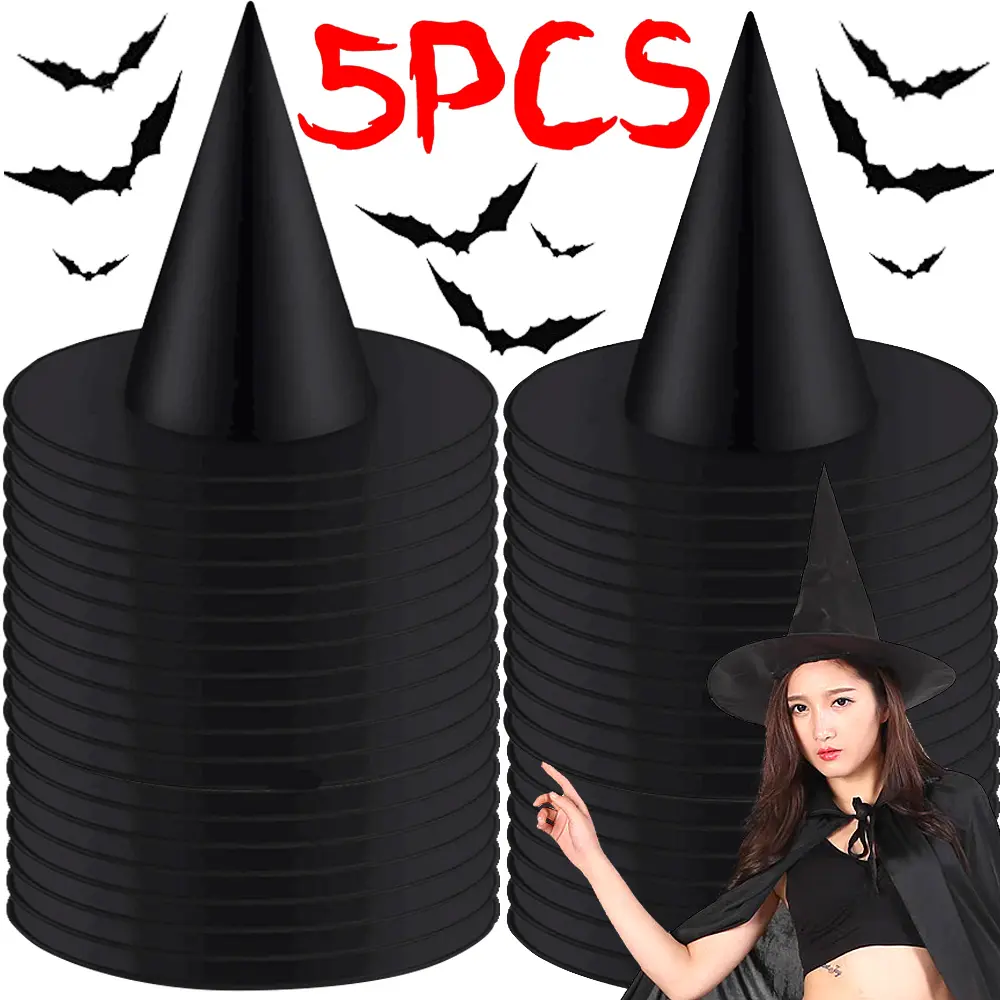 5pcs Magical Comfortable Wide Brim Polyester Black & White Witch-Wizard Hat - 33cm Unisex Adult Halloween Cosplay Party Prop, Festive Home Decor Supplies