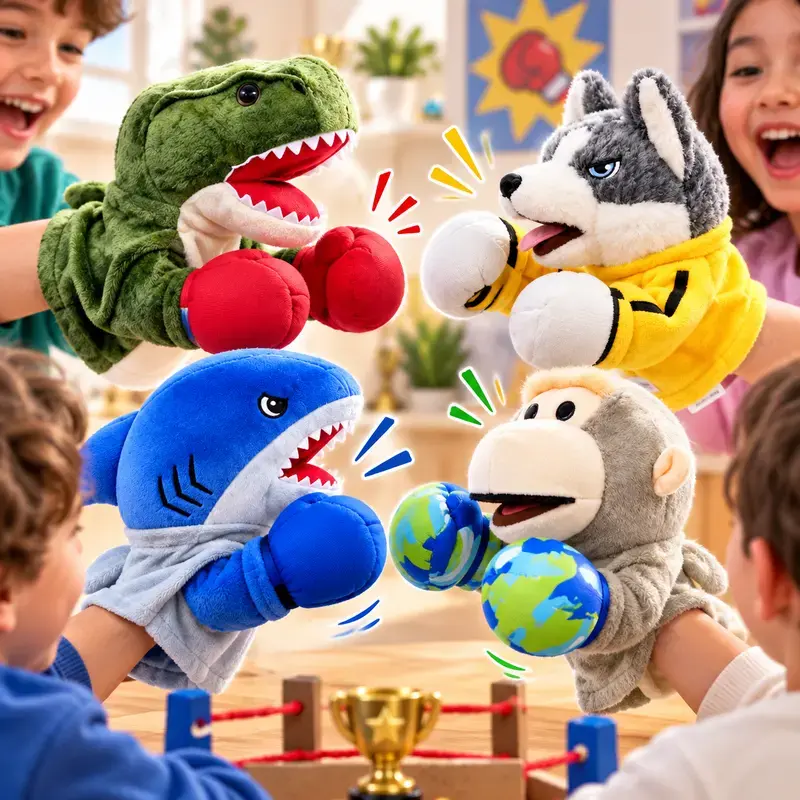 Funny Animal Boxing Hand Puppet, Interactive Punching Plush Toy for Kids Family Party Game, Dinosaur Husky Shark Monkey Hand Glove Puppet Birthday Gift