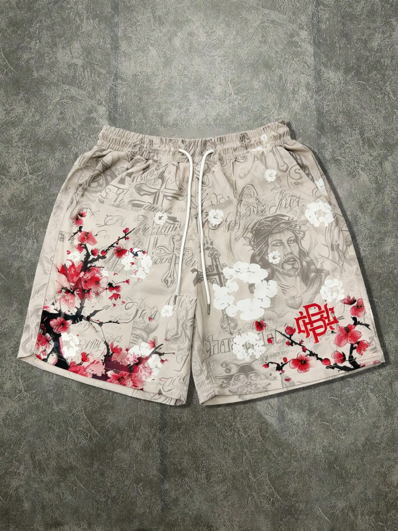 Men's Casual Shorts, Base with Plum, Floral, Jesus Portrait, Vintage Script, Aesthetics, Cultural, Breathable Quick-Dry, Summer Streetwear, Beach Vacation, Daily Commute