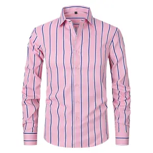 Striped long-sleeve shirt for spring, lightweight fabric, wrinkle-resistant, no ironing needed, washed finish, slim fit—an essential piece for office commuting. Breathable, comfortable, easy to care for, resists pilling and deformation, versatile top. sum