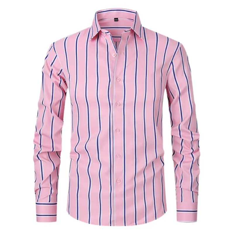 Men's Stripe Pattern Longsleeve Shirt - Slim Fit, Lightweight and Wrinkle-Resistant No-Iron Fabric, Easy Care Top for Spring Office Commuting