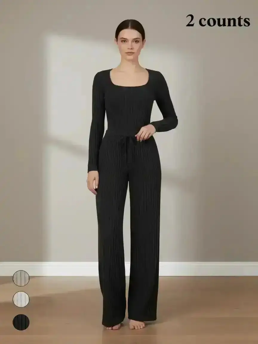 Women's Slim-Fit Solid Color Ribbed Fleece Bodysuit and Wide-Leg Pants Set, Fashionable Comfortable Fabric for Daily Wear Ladies Trendy Modern Versatile Stylish Durable Flowy Smooth Soft Classic Everyday