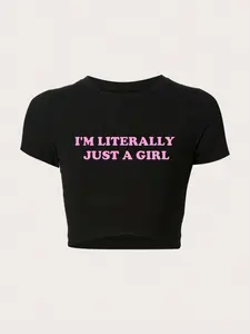 Women's Letter Print Tee, Casual Short Sleeve Round Neck T-shirt for Summer, Fashion Women's Top for Daily Wear
