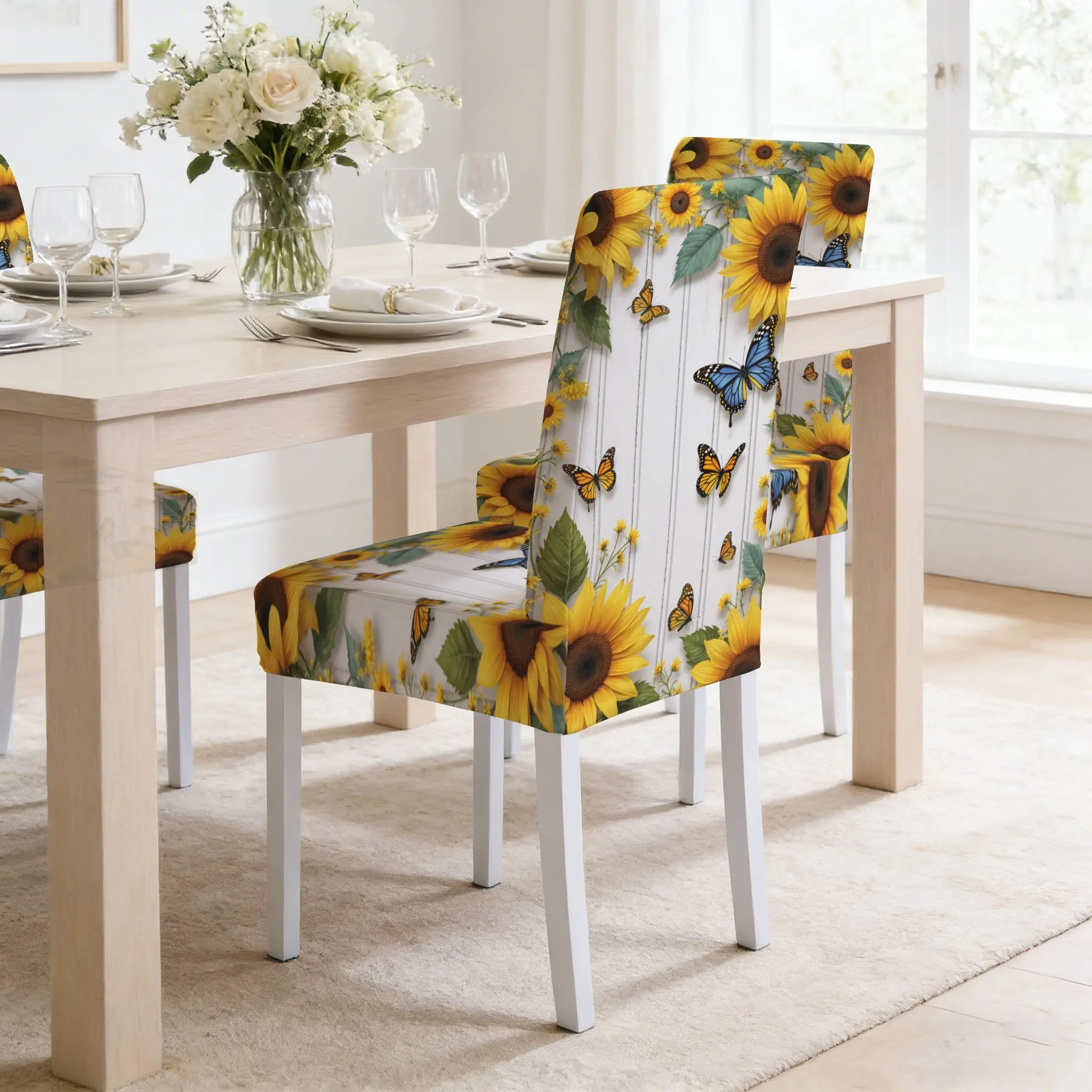 4/6 Piece Milk Silk Chair Covers, Sunflower Butterfly Print, Elastic Dustproof Stain Resistant, High Back Living Room Restaurant Hotel Decor, Dining Room Chair Covers, Washable Chair Cover