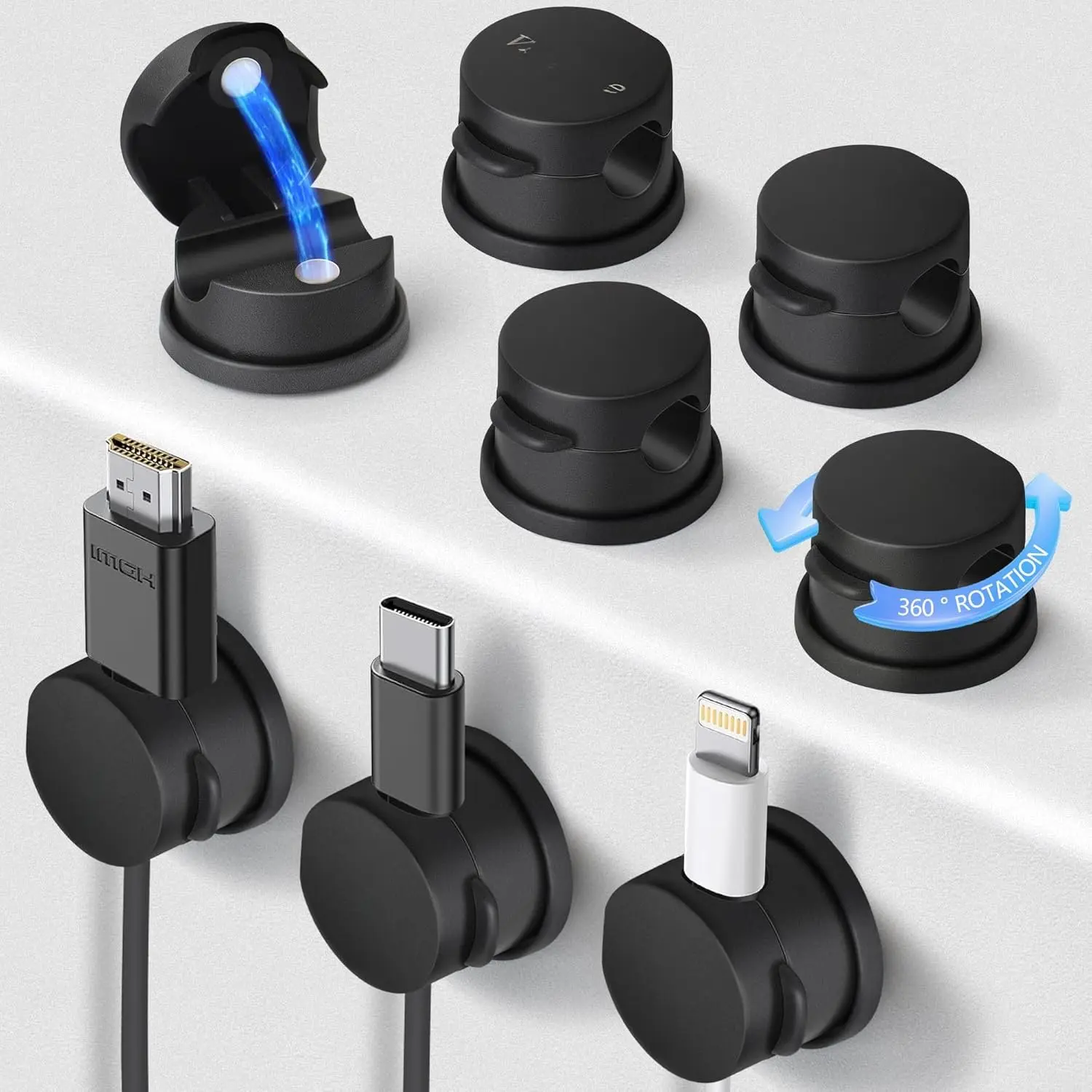 8 Pack   Management Clips - Ideal Cord Holder for Nightstand, Desk, Charger Holder - Phone Cord Holder w/360 Rotation
