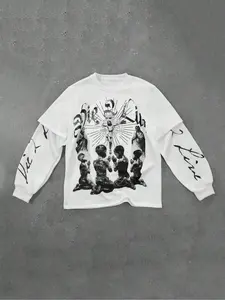 Men's Jesus & Letter Print 2 in 1 Drop Shoulder Sweatshirt, Regular Fit Casual Streetwear Fashion Long Sleeve Round Neck Pullover for Fall & Winter, Men's Clothes for Daily Wear, Menswear