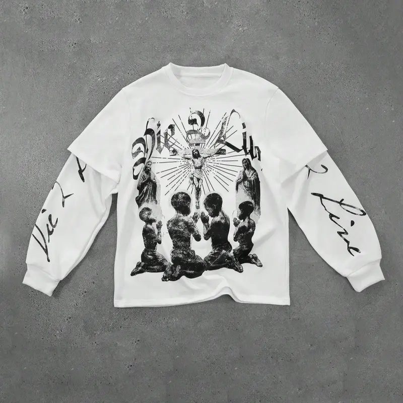 Men's Jesus & Letter Print 2 in 1 Drop Shoulder Faith Based Streetwear Casual Cozy, Regular Fit Casual Fashion Long Sleeve Round Neck Pullover for Fall & Winter, Men's Clothes for Daily Wear, Menswear