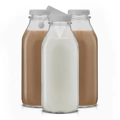 Reusable Glass Milk Bottle Set with Lid & Pourer