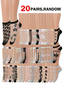 Women's Sheer Transparent Stockings, Summer Floral Pattern, Slim-Fitting Ankle Socks, Casual Knit Design, 10/20 Pairs Randomly Selected, Everyday