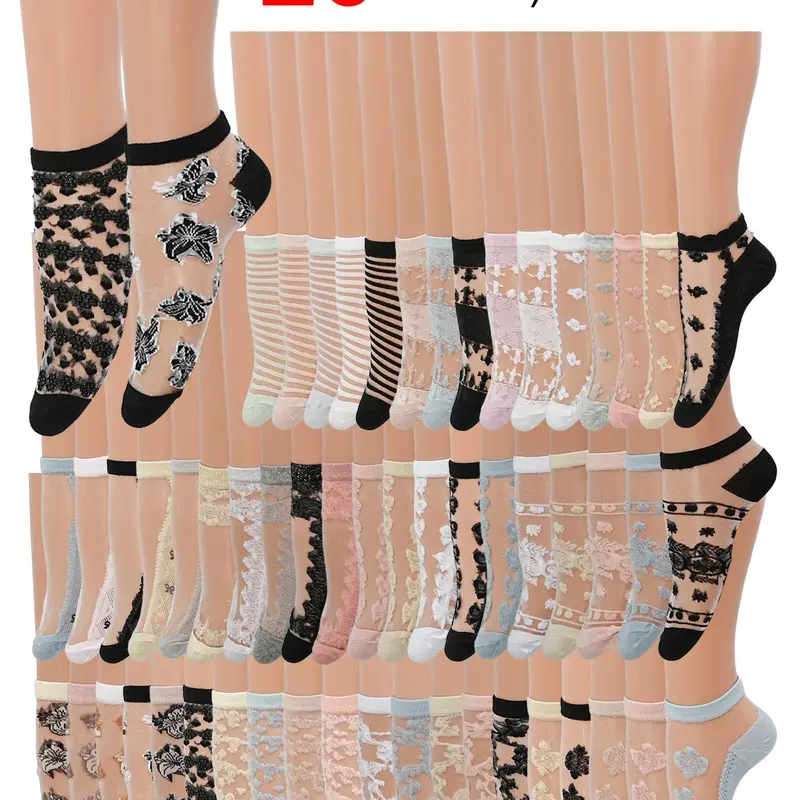 Women's Sheer Socks With Designs, Summer Floral Pattern, Slim-Fitting Ankle Socks, Casual Knit Design, 10/20 Pairs Randomly Selected, Everyday Stylish Daily Wear