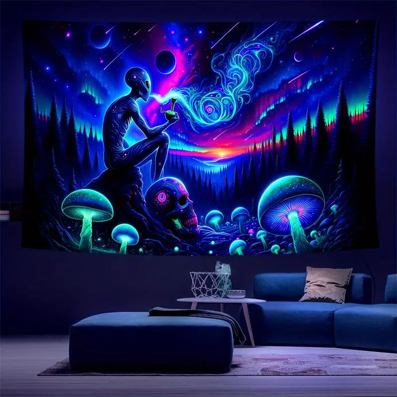1-Piece Glow in the Dark Fantasy Alien Mushroom Polyester Peach Skin Tapestry - Polyester Fabric Keeps Decor Light, No Installation Required, Rod Wave Wall Hanging for Dormitory Home Decor