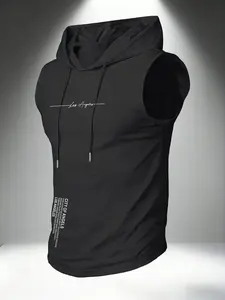Men's Summer Los Angeles Print Hooded Sleeveless Vest, Casual Streetwear Gym Wear, Slim-Fitting Drawstring Design, Plain Pattern