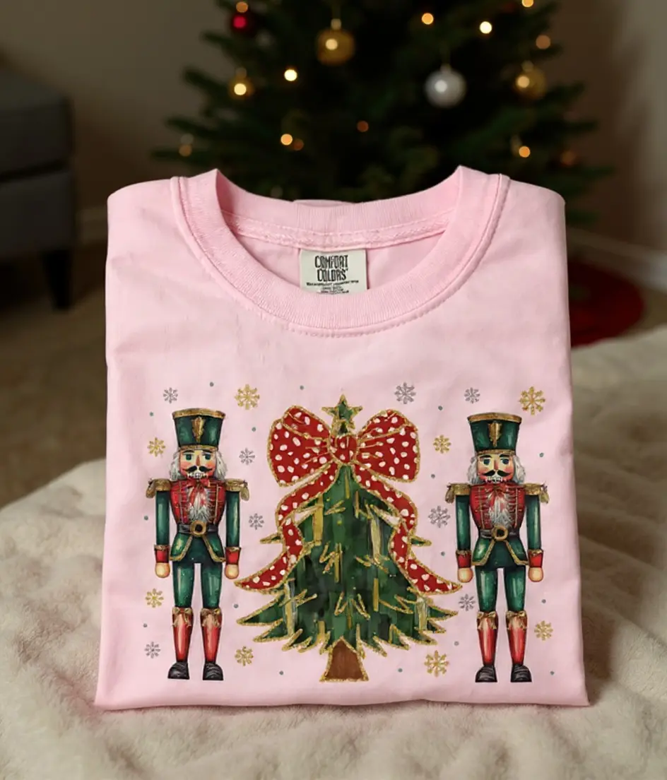 Glitter Nutcracker Tree Retro Pink Christmas T-Shirt