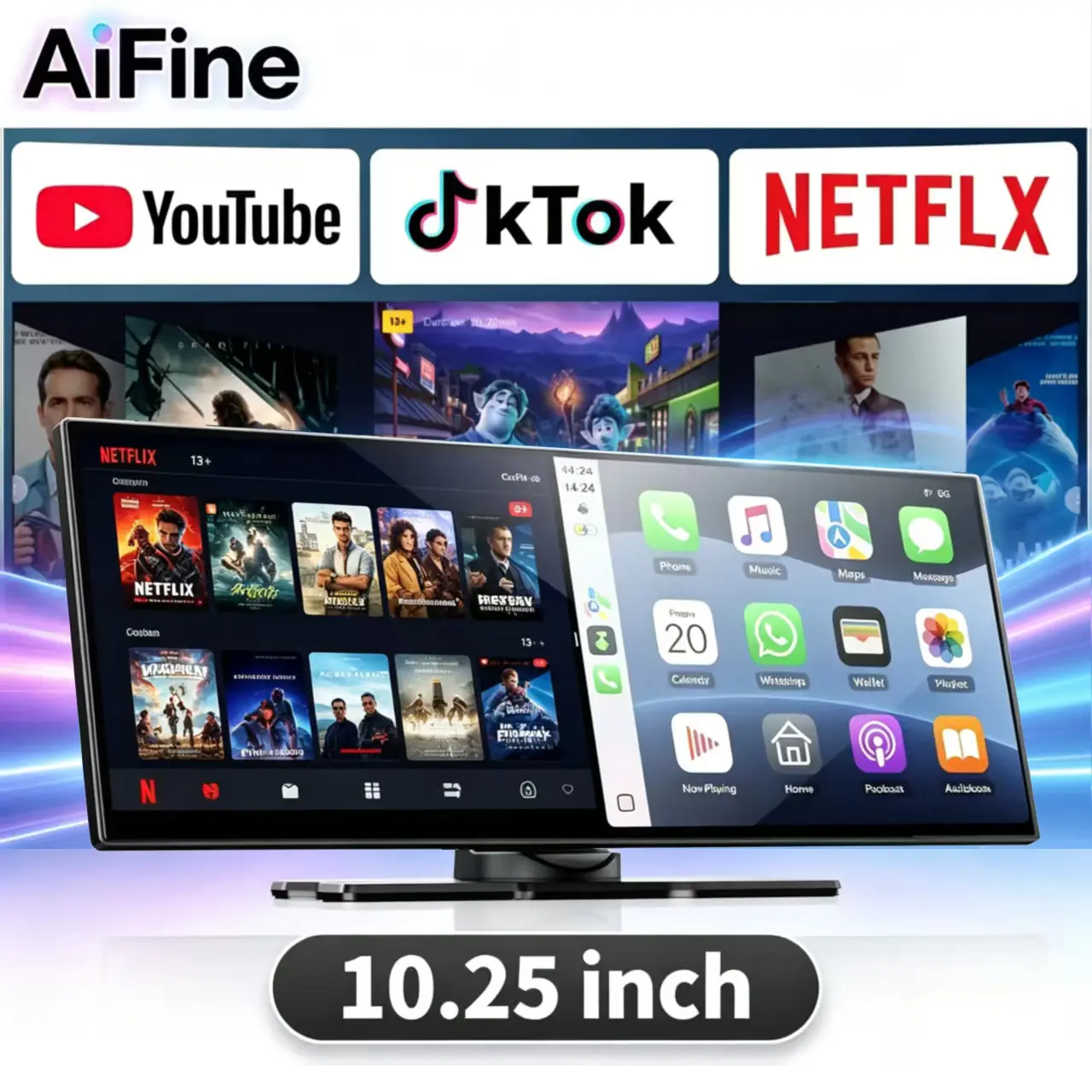 AiFine 10.25-inch Smart Car Display — features built-in Netflix, TikTok, and YouTube; supports split-screen mode; equipped with 1080P reversing camera, navigation, and voice assistant; compatible with iOS 10+ and Android 11+ devices., Car Tv, Wireless Car