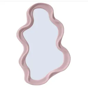 Funky Small Decorative Wall Mirror - Pink Asymmetrical Wavy Design,Hanging Mirror for Bedroom, Bathroom Entryway Modern Irregular Squiggly Shape,Compact Size, Easy Install