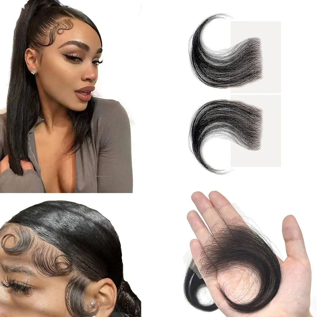 JOPEAR Edges Hair HD Lace Strips 100% Real Human Hair Reusable Invisible Hairline Baby Hair Pieces Natural Black Handmade Seamless Extensions for Women