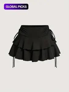 Women's Solid Lettuce Trim Tiered Layer Ruffle Hem Fitted Skirt, Elegant Tie Side Mini Casual Skirt, Women's Bottoms for Daily Wear, Womenswear Feminine, Fitted Cut Skirt