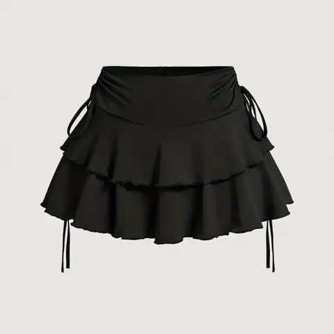 Women's Solid Lettuce Trim Tiered Layer Ruffle Hem Fitted Skirt, Elegant Lady Tie Side Mini Casual Skirt, Women's Bottoms for Daily Wear, Womenswear Feminine, Fitted Cut Skirt, Ruffled Hem Skirt #GLOBAL PICKS