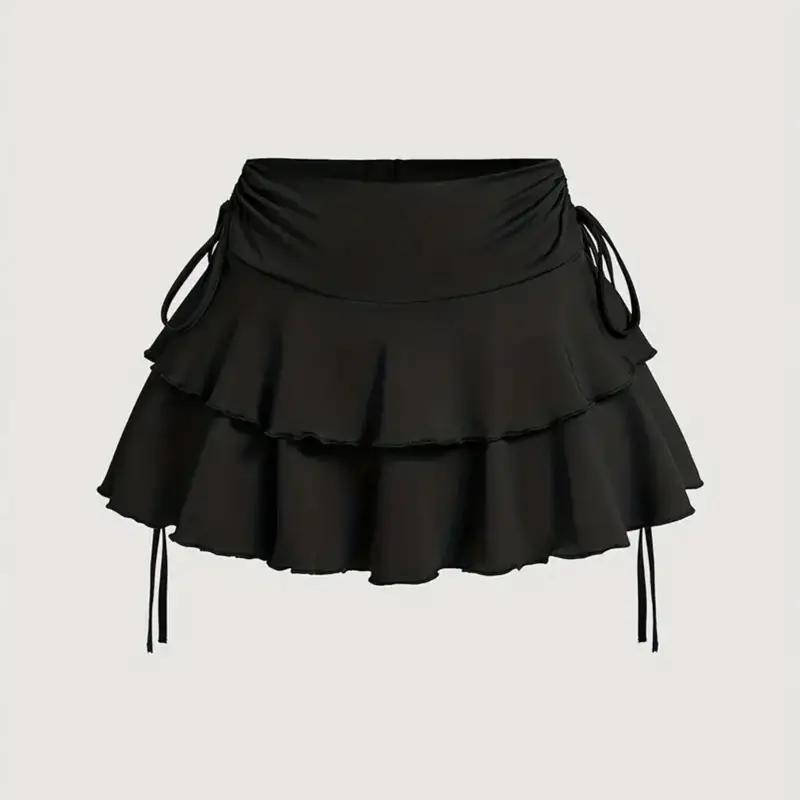 Women's Solid Lettuce Trim Tiered Layer Ruffle Hem Fitted Skirt, Elegant Lady Tie Side Mini Casual Skirt, Women's Bottoms for Daily Wear, Womenswear Feminine, Fitted Cut Skirt, Ruffled Hem Skirt #GLOBAL PICKS