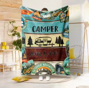Warm Plush Blanket with Camper and Forest Pattern Print, Ideal for Sofas and Beds, Cozy Indoor-Outdoor Textile Blanket