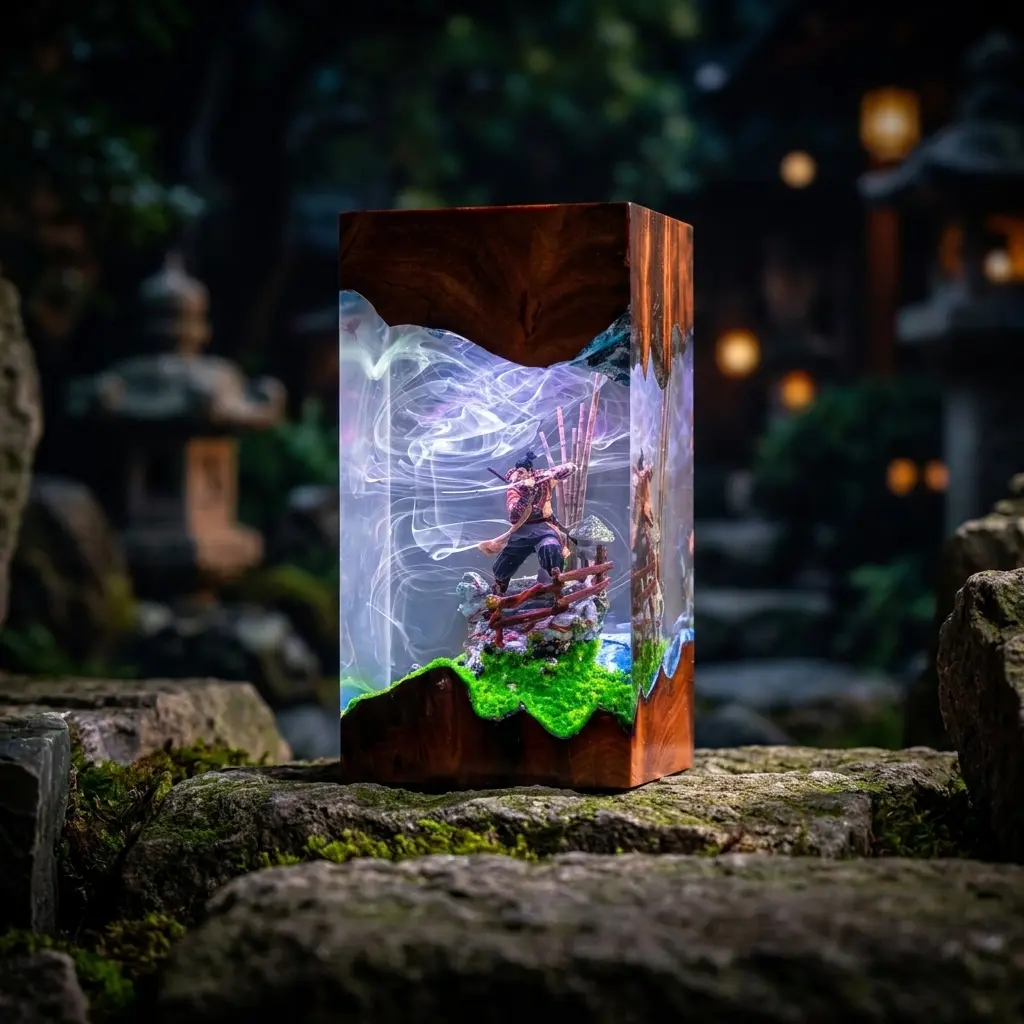 Se.ki.ro Shinobi Japanese Ninja Diorama Figurine, Handcrafted Samurai Ornament, Aesthetic Gaming Room Desk Decor Christmas Gift for Him Art