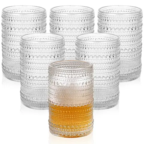 Cocktail Glasses 13 oz Hobnail Drinking Glasses Set of 6, Vintage Glassware, Textured Glass Cups
