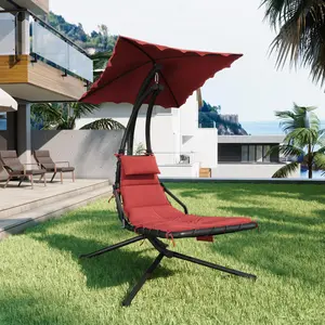 Garvee Hanging Chaise Lounge Swing Chair with Umbrella Canopy, Patio Lounge Chairs with Stand, Curved Steel Hammock Lounger Chairs for Outdoor Indoor Pool Garden Backyard Porch