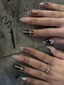 Angel Gothic Press On Nails, Rhinestone Cross Nude Black Nails, Glam Stiletto Nail Set