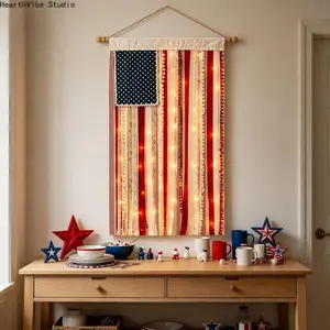 Lighted American Rag Flag Banner With LED Fairy Lights, 4x2.3 Ft Rustic Patriotic Tassel Garland For 4th Of July Decoration, Aesthetic Americana Wall Hanging For Porch Yard Party, Independence Day Celebration Home Decor 250th Anniversary