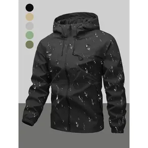 Men's Waterproof Windproof Hooded Jacket, Windproof Outerwear, Drawstring Zipper Pocket Design, Casual Long Sleeve Outdoor Coat for All Seasons