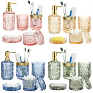 Vintage Sturdy Glass Bathroom Storage Set (5-Count) - Bathroom Soap Dispenser & Accessory for Lotion Bottles, Toothbrushes, Cotton Swabs, Gift-Ready Home Supply