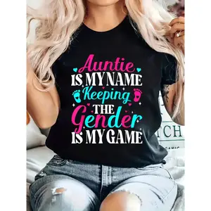 Women's Funny Gender Reveal Auntie T-Shirt - 100% Cotton, Shortleeve Round Neck, Casual Fitted, Breathable Comfort Fit, All-Season Crew Neck Top (Keeper of the Gender Style)