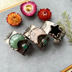 New Fashion Hand Ring Open Adjustable Bracelet Female Pink Crystal Moon Green Aventurine Crystal Copper Bracelet