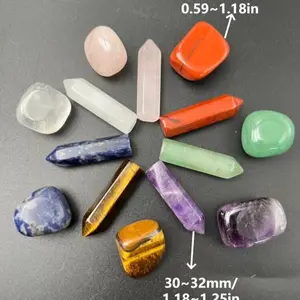 14Pcs Healing Crystals Stones Set,7 Chakra Set Tumbled Stones,7 Natural Hexagonal Bullet Shaped Reiki Gemstone for Points Energy Balancing Meditation Therapy,Wicca & Crystal Healing or Ritual Stones.