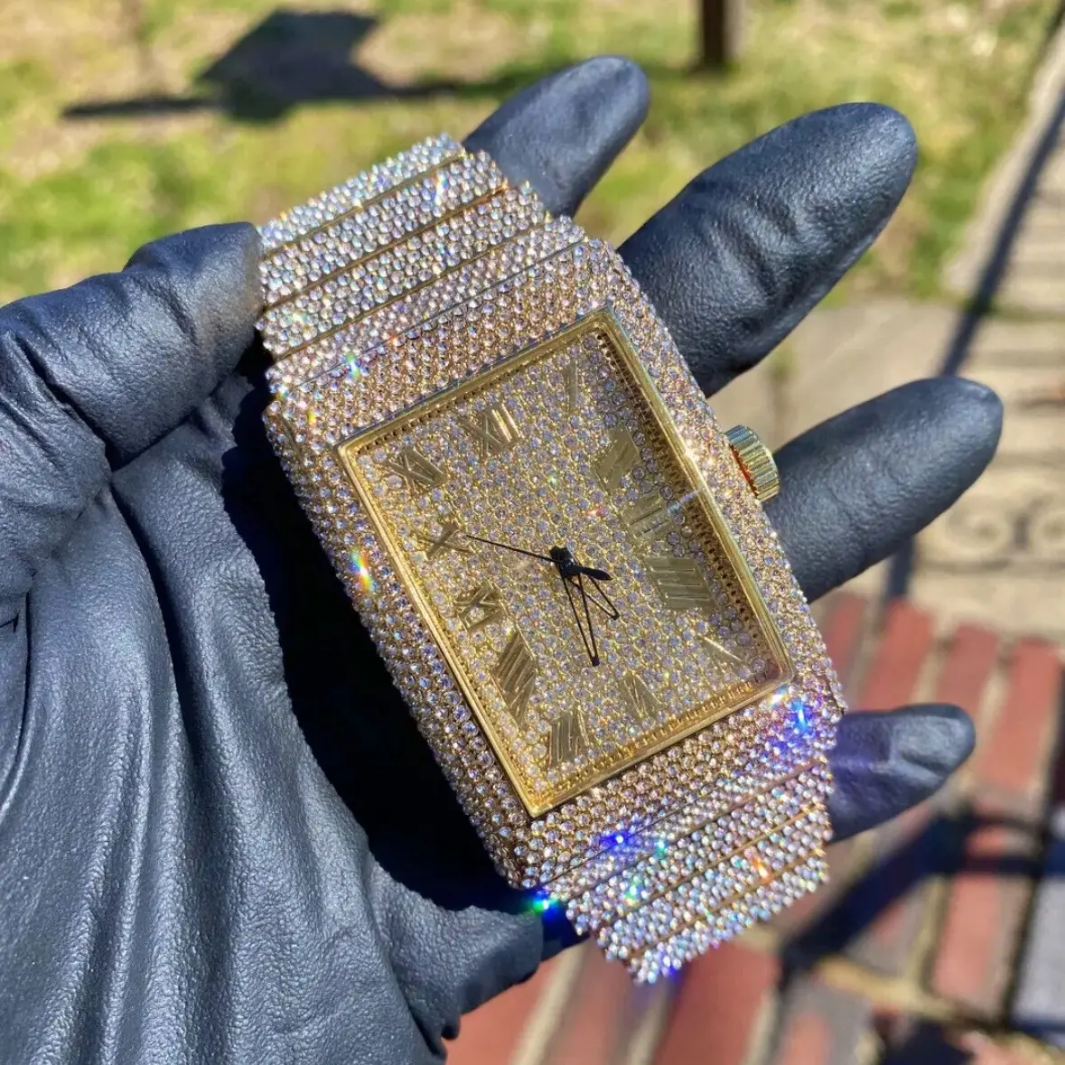 Fully Iced Bling Out Band Gold Plated lab diamond flooded Mens Hip Hop Luxury Party Watch
