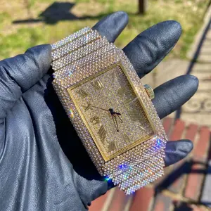 Fully Iced Bling Out Band Gold Plated lab diamond flooded Mens Hip Hop Luxury Party Watch