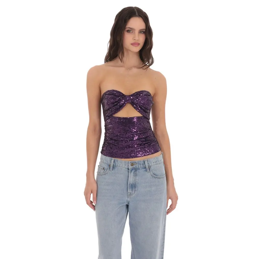 Sequin Cutout Strapless Top in Purple