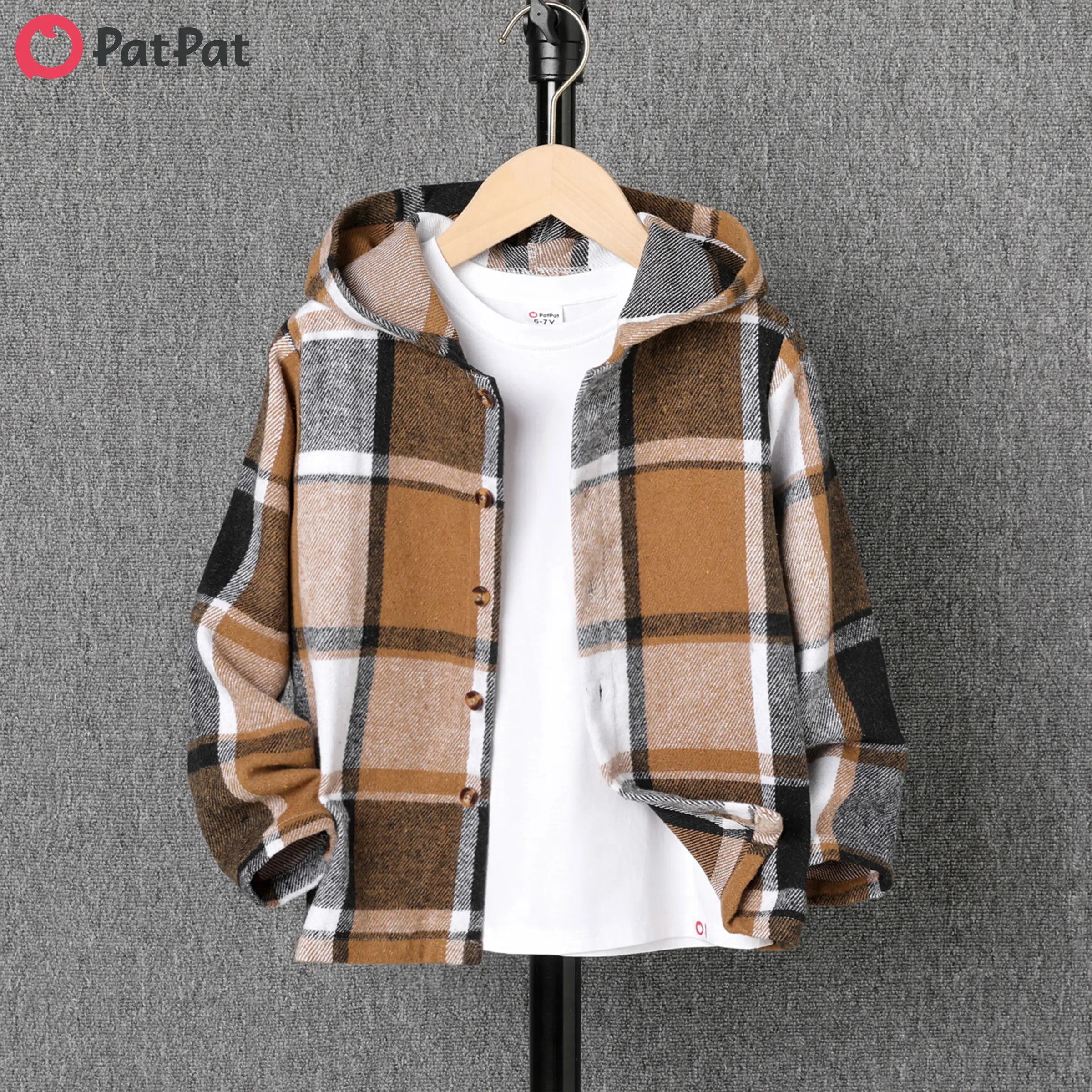 PatPat Kid Boy Hooded Plaid Long sleeves Shirt Jacket Coats Casual