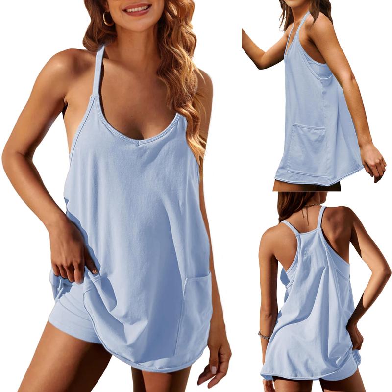 Molitree Women's Summer Sleeveless Mini Dress Athletic Dress V Neck Spaghetti Strap Short Tennis Dress with Built-in Shorts