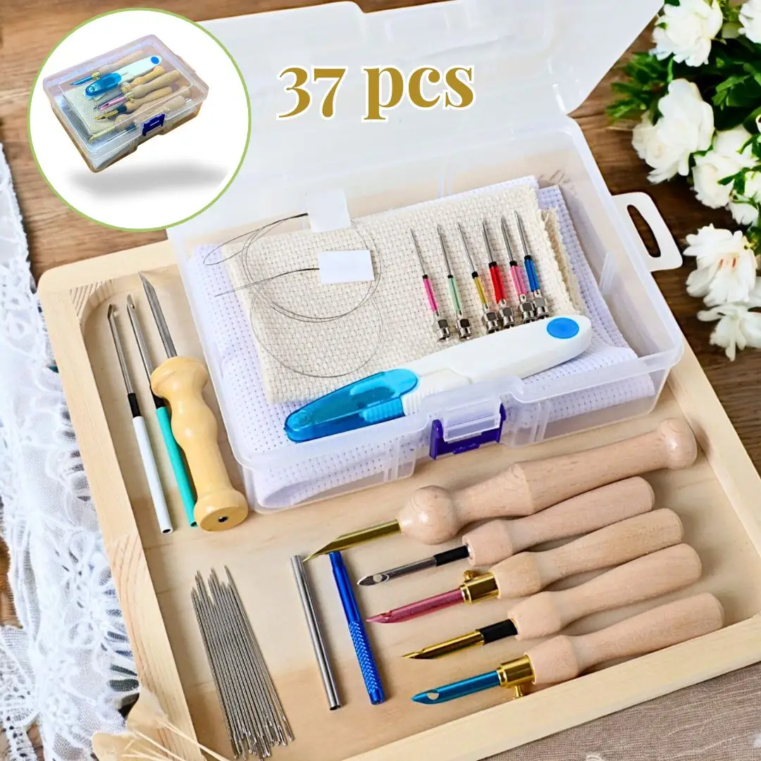 37Pcs Punch Needle Kit for Beginners - Embroidery Stitching Craft Tools,DIY sewing supplies,Needle Threader,Blunt Needles,knitting Gift Adjustable