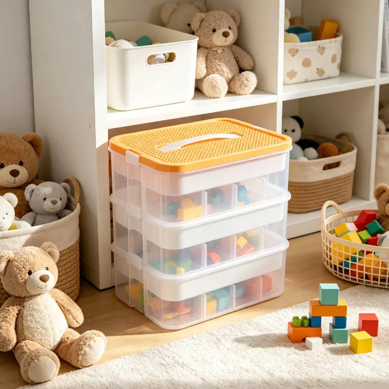 CNCEST Toy Storage Box with Building Platform Lid, Stackable Organizer for Blocks & Crafts Portable PP Container with Handle & Adjustable Compartments for Bedroom, Car & Travel