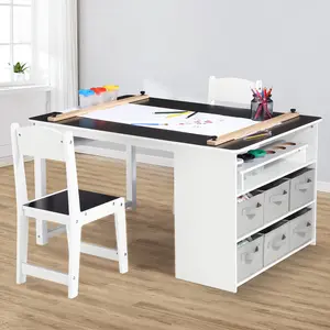 4-in-1 Kids Art Table and 2 Chairs Set Multi-Functional Children’s Furniture for Home, Playroom, or Learning space Wooden Activity Desk with Storage Bins, Art Easel, Drawing & Study Table