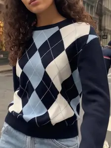 Women's Autumn Winter New Color Block Knit Sweater, Pullover Round Neck Long Sleeve with Jacquard Checkered Pattern, Cozy Womenswear Fashion for Ladies