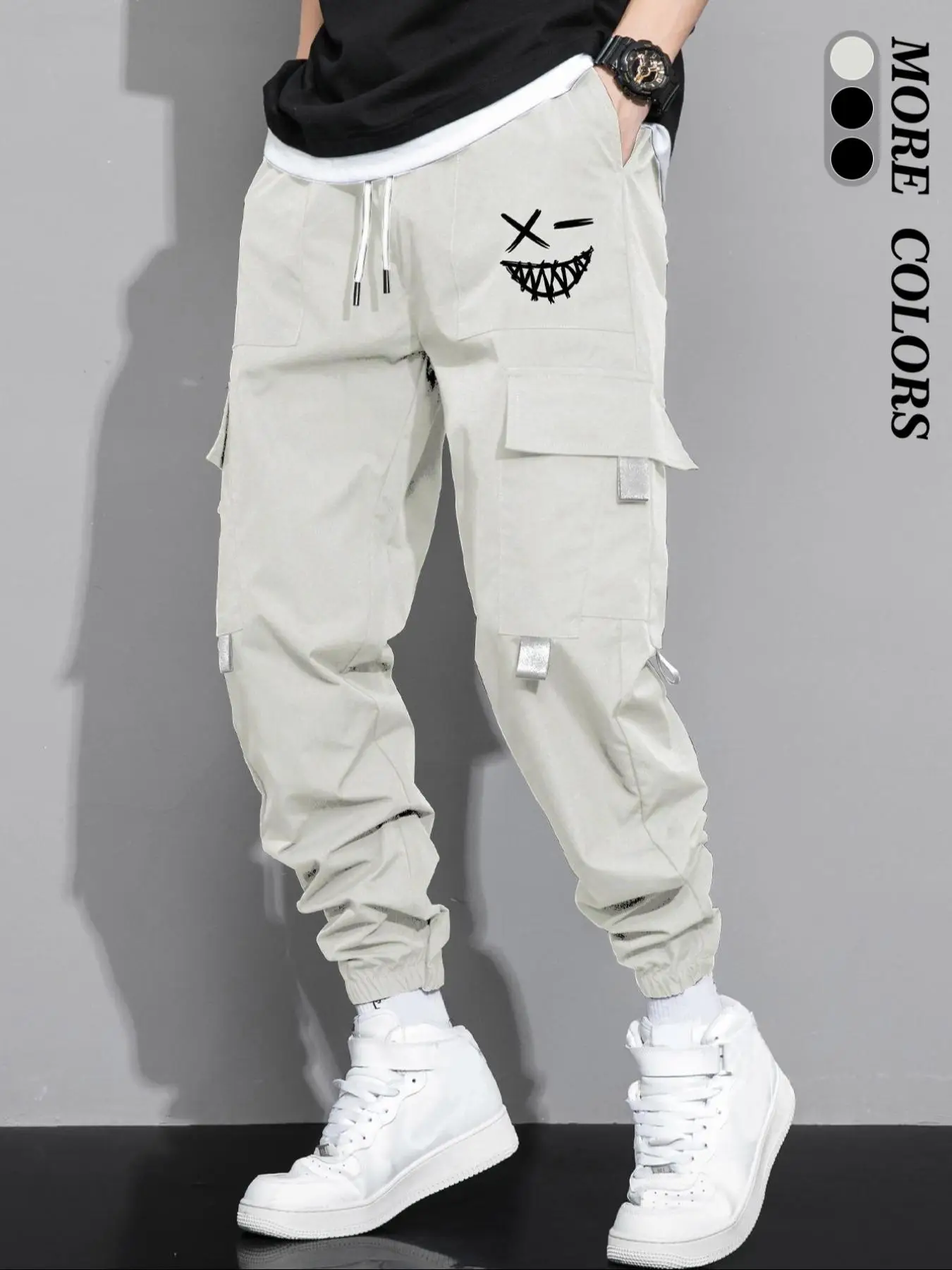 Men's New Trendy Cartoon Expression Graphic Print Drawstring Cargo Pants, Regular Fit Streetwear Flap Pocket Design Pants, Men's Trousers