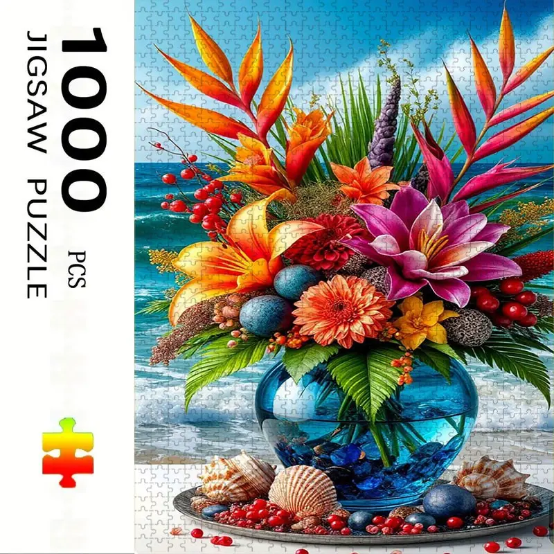 1000 Piece Beach Vase Puzzle, Durable Large Adult Family Interactive Toy, DIY Home Decor Brain Challenge, Holiday Scene, Mixed Colors, Perfect Gift