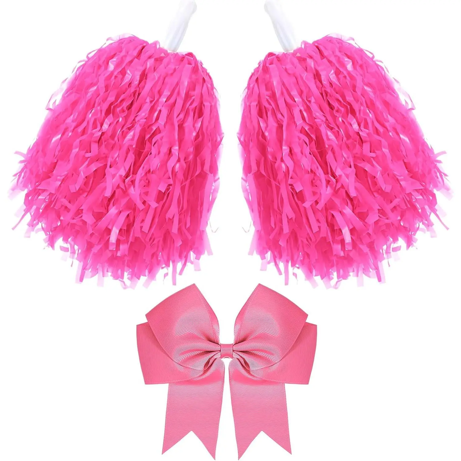 Women's Bright Cheerleading Accessories Set - 3 Pcs (10-in Plastic Fabric-Safe Pom Poms, Large Hair Bow, 40g Lightweight Portable Gear) for Practice, Basketball Teams, Cosplay Endeavors, Creates Cohesive Look, 10 Inches
